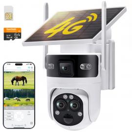 4G 3 Lens Solar Security Camera Wireless Outdoor, 6MP Full HD Video, 360° View Pan/Tilt Home Security Camera with Color Night Vision, Easy to Install, PIR Alarm, Kentfaith