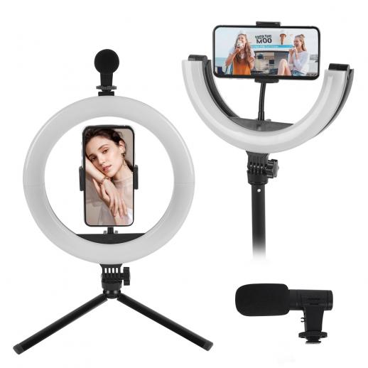 PLM-01 Vlogging kit for YouTube, with foldable ring fill light, microphone and light mobile phone holder tripod, compatible with iPhone/smartphone/camera