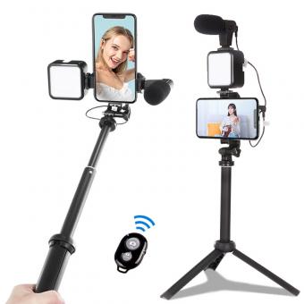KIT-06LM Vlogging kit for YouTube, with fill light, microphone and light mobile phone holder tripod, compatible with iPhone/smartphone/camera