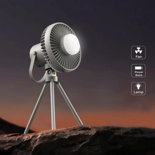 Camping Fan with LED Light, Three Wind Speeds, 8000mAh Rechargeable Battery Powered Tent Fan with Detachable LED Light and Hook, Infinitely Dimmable
