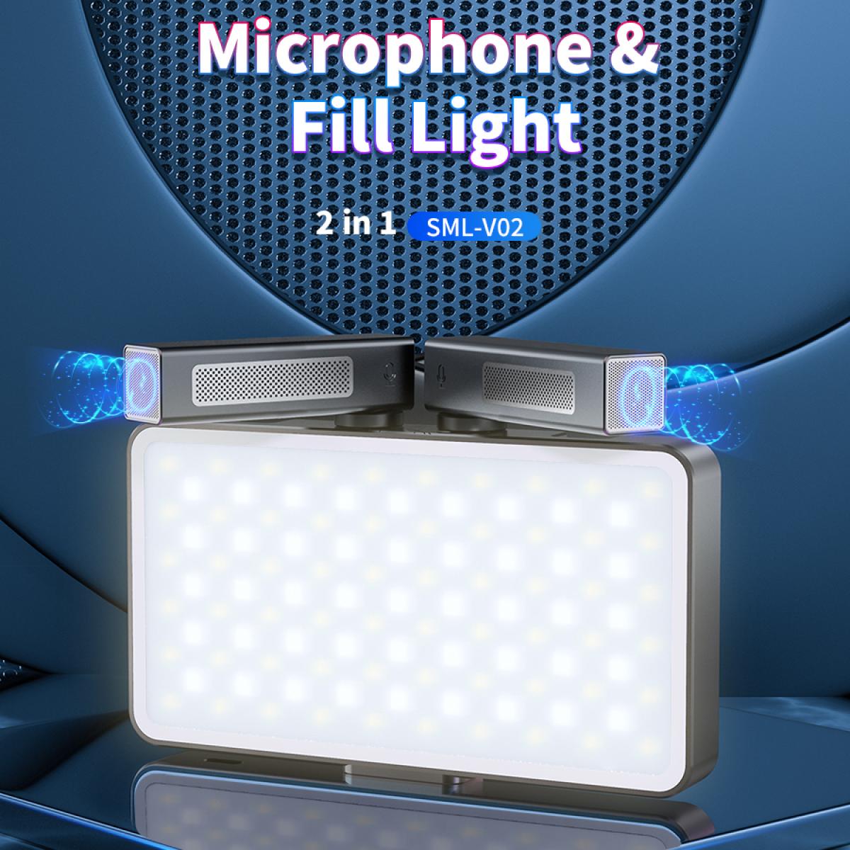 V02 Mic Light, 2 in 1 LED Camera Fill Light with Dual Stereo Mic , 360° Full Colour Photo Light