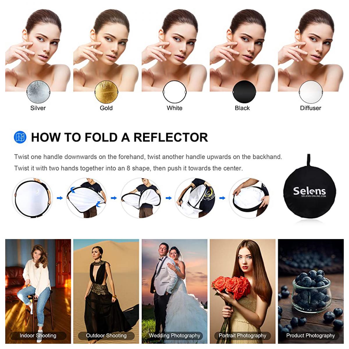 5 in 1 Circular Reflector 43 Inch/110cm Portable Foldable Reflector/Diffuser With Grip & Carrying Case, Suitable for Photography Studio and Outdoor Lighting