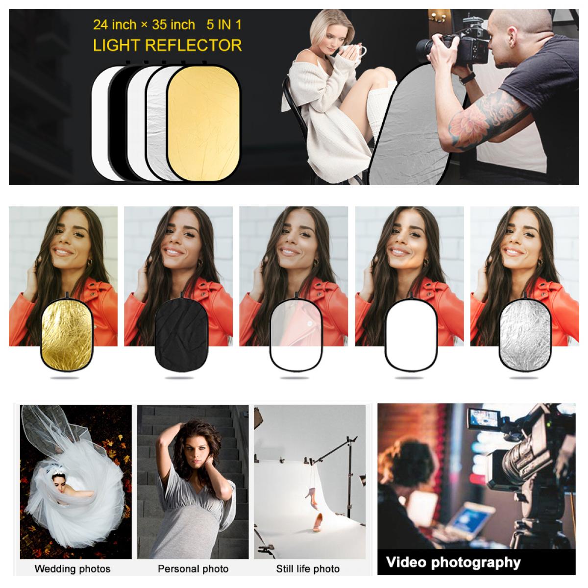 Translucent Photo Light Reflector 35x47inches/ 90x120 cm 5 in 1 Diffuser Photography Collapsible with Bag and Reflector Holder Clips for Studio Outdoor Lighting Gold Silver White and Black 