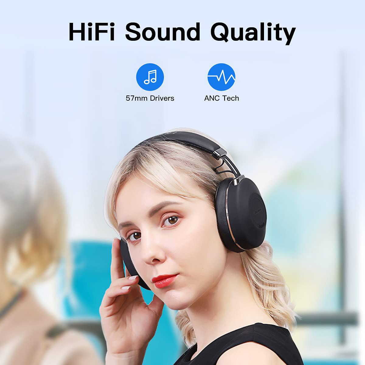 Bluedio H2 Active Noise Cancelling Headphones Bluetooth Headphones with Mic Slide Control Deep Hi-Fi Bass Wireless Headphones Over-Ear, 40H Playtime, Travel/Work, Black