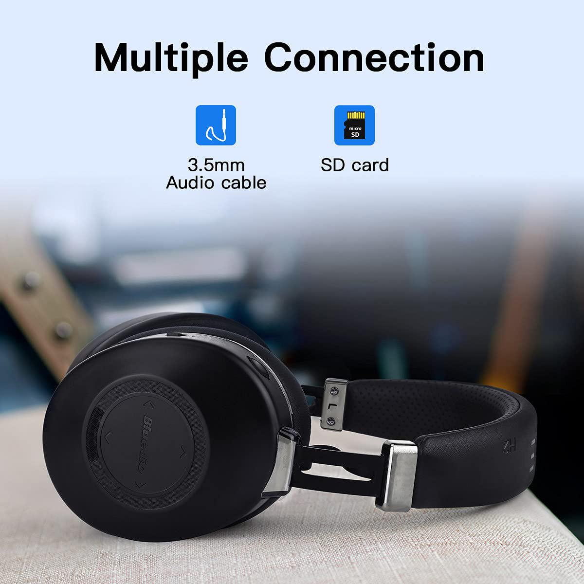 Bluedio H2 Active Noise Cancelling Headphones Bluetooth Headphones with Mic Slide Control Deep Hi-Fi Bass Wireless Headphones Over-Ear, 40H Playtime, Travel/Work, Black