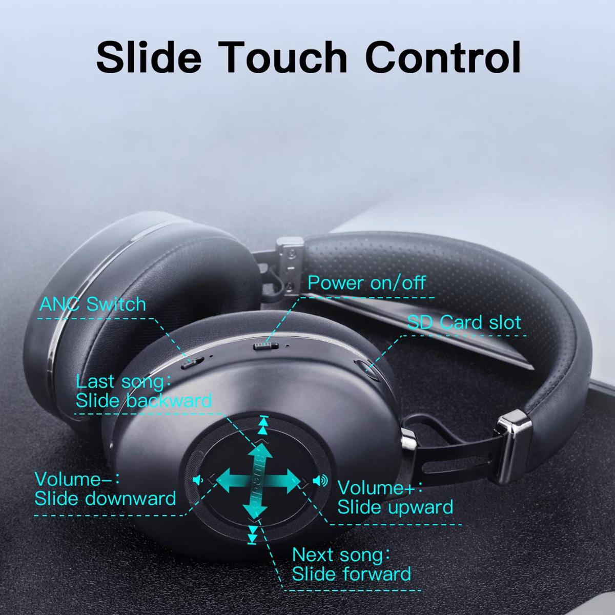Bluedio H2 Active Noise Cancelling Headphones Bluetooth Headphones with Mic Slide Control Deep Hi-Fi Bass Wireless Headphones Over-Ear, 40H Playtime, Travel/Work, Black