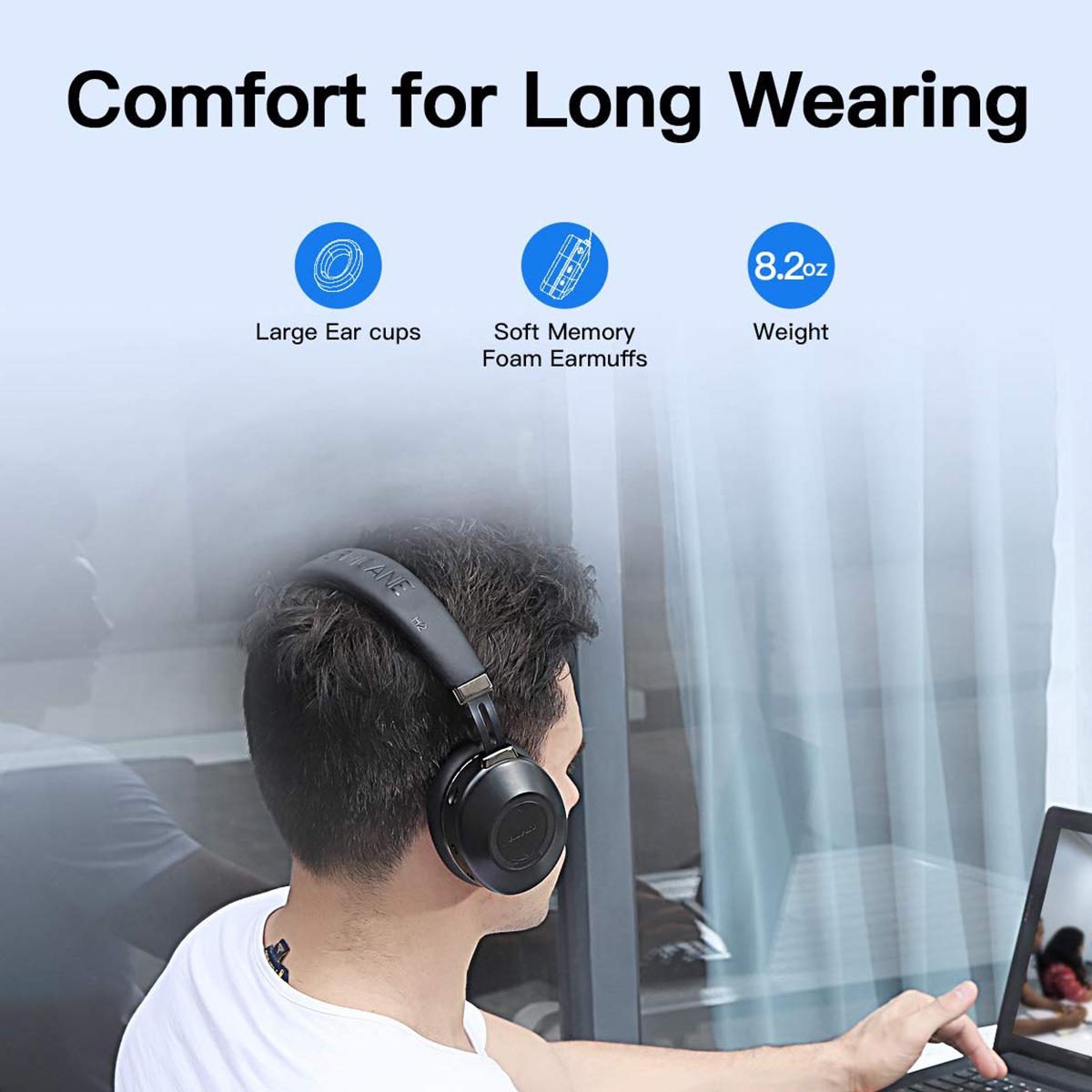 Bluedio H2 Active Noise Cancelling Headphones Bluetooth Headphones with Mic Slide Control Deep Hi-Fi Bass Wireless Headphones Over-Ear, 40H Playtime, Travel/Work, Black