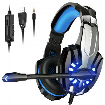 SoulBytes S9 Stereo Gaming Headset for PS4 PC Xbox One PS5 Controller, Noise Cancelling Over-Ear Headphones with Mic, LED Lights, Bass Surround, Soft Memory Earmuffs for Laptop Mac Nintendo NES Gaming Blue