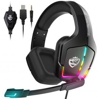 SoulBytes S12 Gaming Headset para Xbox One PS5 Switch PC Headset com Mic Dynamic RGB LED Efeito Gamer Headset para Computador Laptop 3.5mm Com Fio Estéreo Bass Over-Ear com Mic Preto