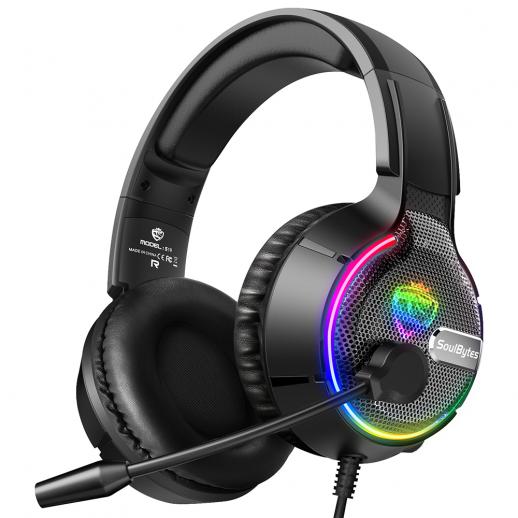 Fone de ouvido para jogos SoulBytes S19 RGB com fio com microfone surround sobre a orelha para PS4/PS5/PC/Xbox One Preto