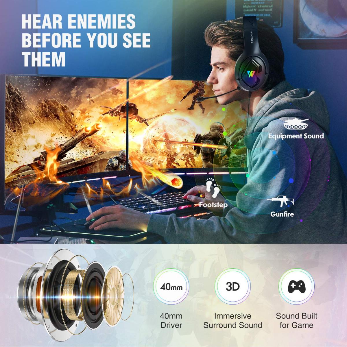 SoulBytes S19 Cuffie da gioco RGB Cuffie cablate con microfono surround  Over-Ear per PS4/PS5/PC/Xbox One Nero - K&F Concept