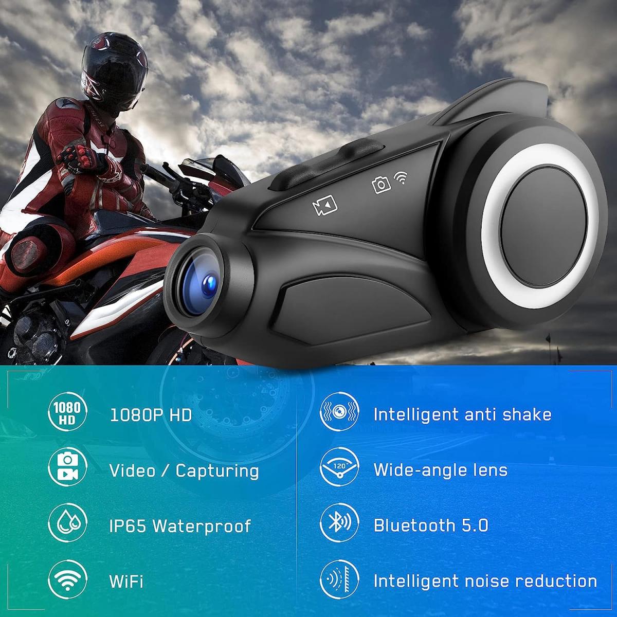 Motorcycle Bluetooth Earphone with Camera, 1080P HD Camera, Bluetooth 5 ...