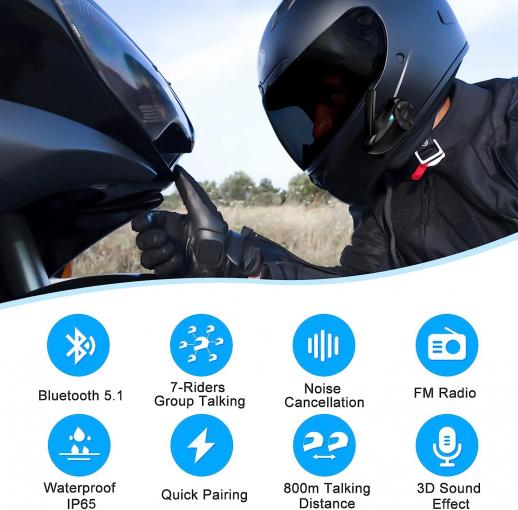 Motorcycle Helmet Bluetooth Intercom, Motorcycle Bluetooth 5.1 Earphones, with CVC Noise Reduction and FM Radio Function, Can Connect Up to 7 Riders