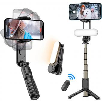 Smartphone Gimbal Stabilizer with Detachable Fill Light, Retractable Wireless Selfie Stick and Tripod, Multifunctional Detachable Remote Control, 360° Auto Rotation, Compatible with iPhone Android