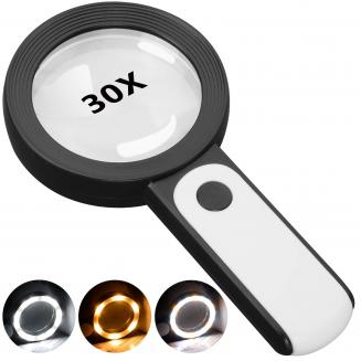 30X Handheld Magnifying Glass with 18 LED Cold and Warm Lights, 3 Lighting Modes Lighted Magnifying Glass, Suitable for Elderly Reading, Checking, Coins, Jewelry, Exploring