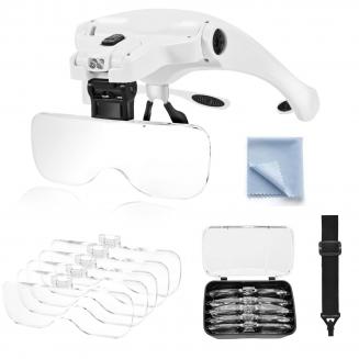 Headband magnifier with light for close work, contains 5 lenses, perfect for jewelry, arts, crafts, painting and DIY