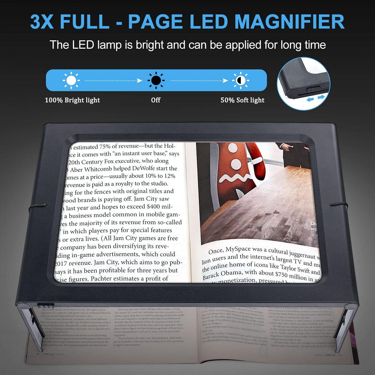 Lighted Magnifying Glass For Reading, 3X 12 | Kentfaith - KENTFAITH