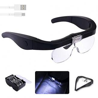 Head mounted magnifier with 2 LED lights, with 4 removable lenses 1.5X, 2.5X, 3.5X, 5X, USB rechargeable hands-free magnifying glass for reading, jewelry, crafts, electronic maintenance