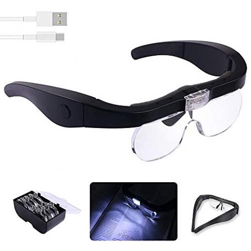 Head Magnifier Glasses with 2 LED Lights USB Charging Magnifying Eyeglasses  for Reading Jewelry Craft Watch Repair Hobby, Detachable Lenses 1.5X, 2.5X,  3.5X,5X(Black) Headband Magnifier Glasses Usb Charging Black