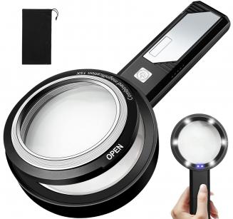 Magnifier with Removable Dual Lens, 6X, 9X, 15X Magnification Lighted Reading Magnifier, Removable Pocket Magnifier with 6 Dimmable LEDs, 2 UV LED Lights for Reading, Elderly, Crafts, Hobbies