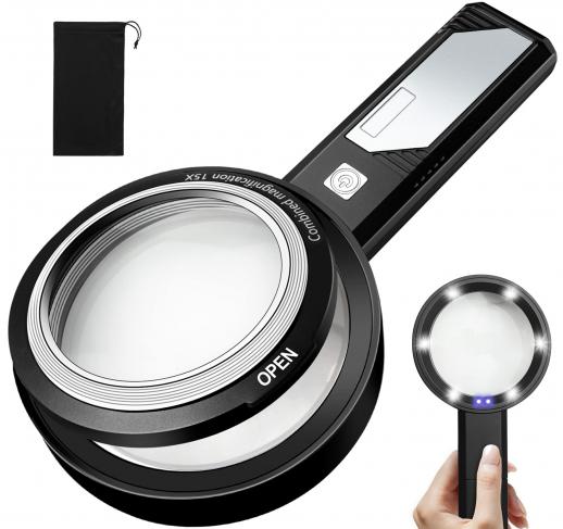 Magnifier with Removable Dual Lens, 6X, 9X, 15X Magnification Lighted  Reading Magnifier, Removable Pocket Magnifier with 6 Dimmable LEDs, 2 UV  LED