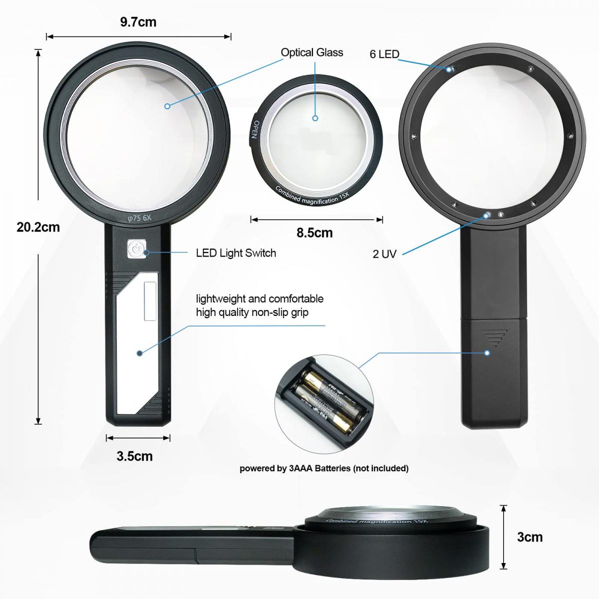 Magnifier with Removable Dual Lens, 6X, 9X, 15X Magnification Lighted ...