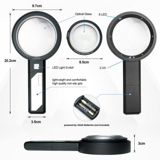 Magnifier with Removable Dual Lens, 6X, 9X, 15X Magnification Lighted  Reading Magnifier, Removable Pocket Magnifier with 6 Dimmable LEDs, 2 UV  LED