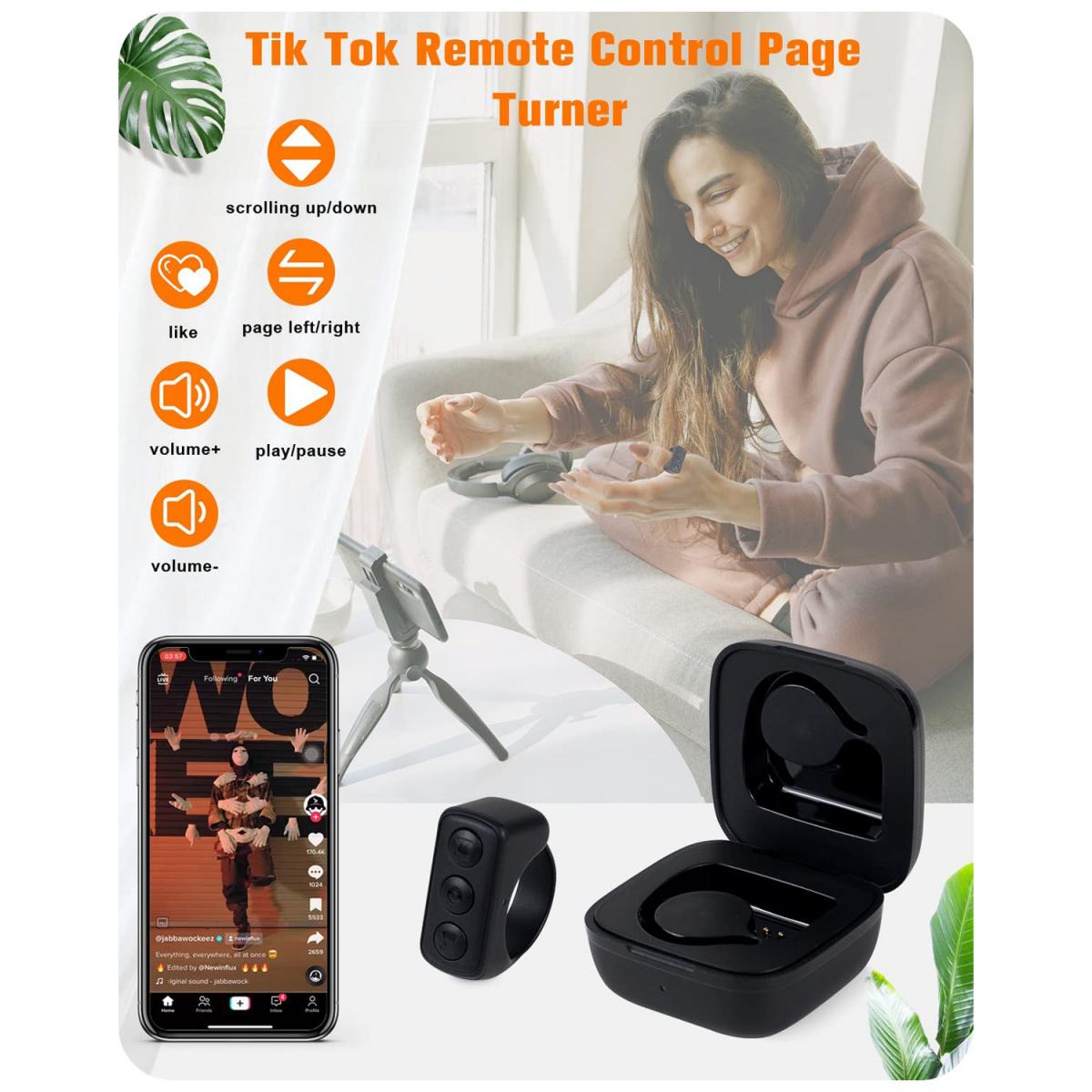 iPhone, iPad, iOS, Android용 Tiktok 무선 리모콘 - 셀프, 전자책 페이지 넘기기, 원터치 화면 분할 및 볼륨 조절을 지원하는 블랙