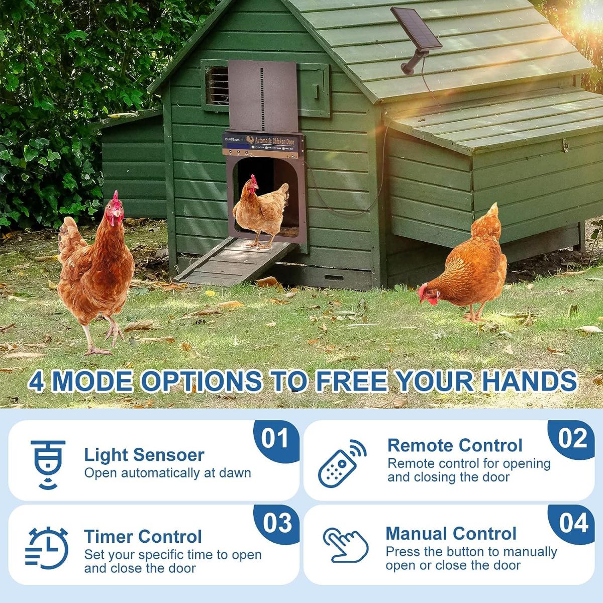 Automatic Chicken Coop Door, Solar Powered Chicken Coop Door, With Timer and Light Sensor, Manual & Remote Control, 4 Modes, Waterproof, Anti Pinch Design, Australian Power Cord