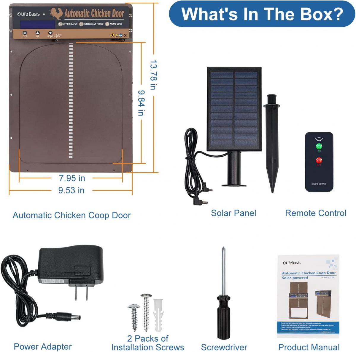 Automatic Chicken Coop Door, Solar Powered Chicken Coop Door, With Timer and Light Sensor, Manual & Remote Control, 4 Modes, Waterproof, Anti Pinch Design, Australian Power Cord