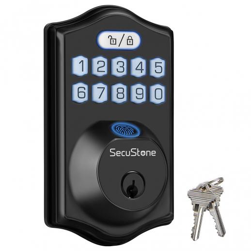 K6 intelligent fingerprint door lock, keyless entry door lock, front door intelligent latch lock, with 2 spare keys, door lock with password keyboard, 3-in-1 automatic lock in black
