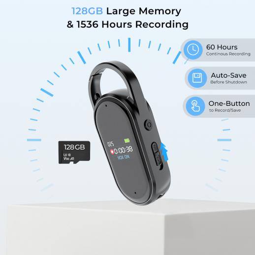 128G 소형 디지털 음성 녹음기, 초장시간 1536H 녹음, 음성 활성화 및 DSP 노이즈 감소, 회의/강의/교실 학습, 열쇠고리 휴대용 선물, Kentfaith