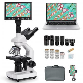 Compound Microscope with 7in Display, 40X-5000X Magnification, 195 Objectives, Mechanical Stage, WF10x and WF25x Eyepieces, Abbe Condenser, for Lab, Biology, Education, Kentfaith