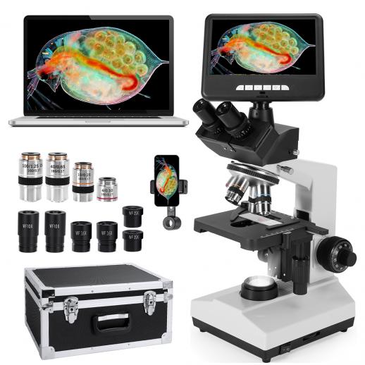 Mørkefeltmikroskop med 7" skærm, 40X-2500X forstørrelse, optag 2K videoer 24MP fotos, 195 akromatiske objektiver, HDMI-udgang, til laboratorier, klinikker, ranches, Kentfaith