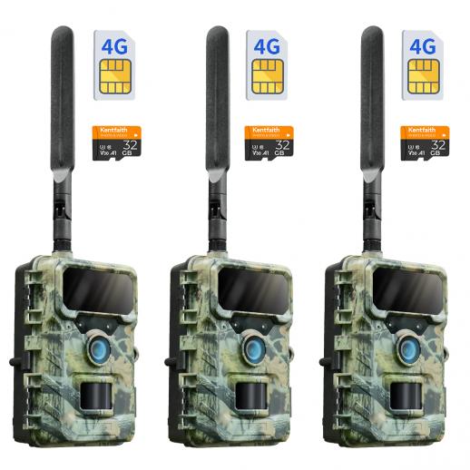 Matkapuhelinverkkoon yhdistyvä riistakamera, 32 MP & 2,7K-video, reaaliaikaiset hälytykset ulkoturvallisuuteen, 0,3 s laukaisu, 65 ft:n yönäkö, 90 päivän akunkesto, ei vaadi WiFiä, IP66-vesitiivis, aurinkopaneeliyhteensopiva, SIM & 64 Gt:n kortti 