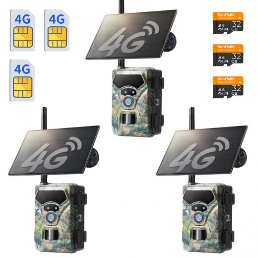 4G-riistakamera livekuvalla, 1080P-videot, 36 MP:n valokuvat, 3 W:n aurinkopaneeli, 0,3 s:n nopea liipaisu, 65 ft:n yönäkö, IP68-vesitiivis, 3 kpl:n paketti, Kentfaith