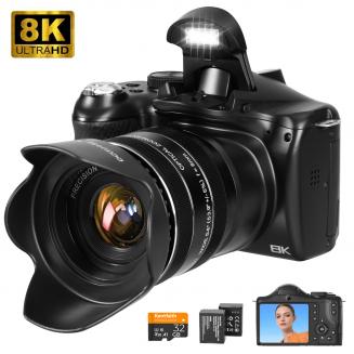 8K digitalt kamera til fotografering, 8X optisk zoom, dobbelt objektiv til selfie og dobbelt optagelse, indbygget WiFi, autofokus Vlogging kamera til YouTube, nybegyndere, teenagere, KentFaith
