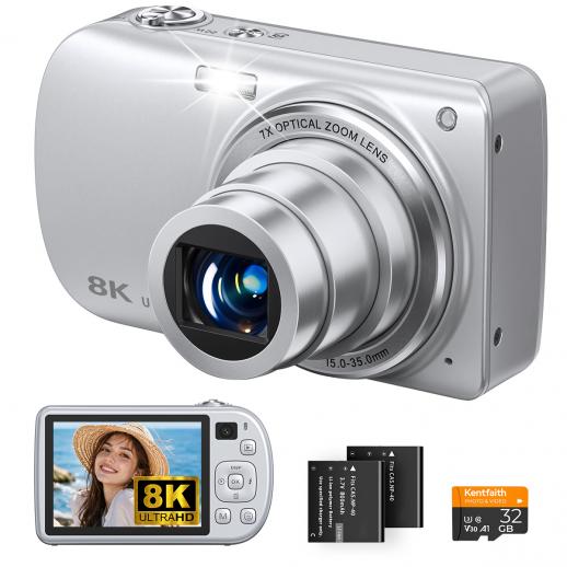 8K 88MP 7X Optik Zoomlu Dijital Kamera, Çift Lensli Fotoğrafçılık Kamerası, Çift Sony CMOS Sensör, Akıllı HDR, 2.8in Dokunmatik Ekran, Seyahat ve YouTube için, Kentfaith