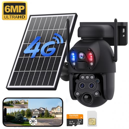 4G Solar Security Camera med Triple Objektiver, Dual PIR Sensorer, 2K Live View, 15X Hybrid Zoom, 12000mAh Batteri, 6W Solpanel, Til Udendørs Stort Område Monitor, KentFaith
