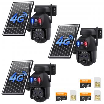 4G Solar Security Camera med Triple Objektiver, Dual PIR Sensorer, 2K Live View, 15X Hybrid Zoom, 12000mAh Batteri, 6W Solpanel, Til Udendørs Stort Område Monitor, KentFaith

