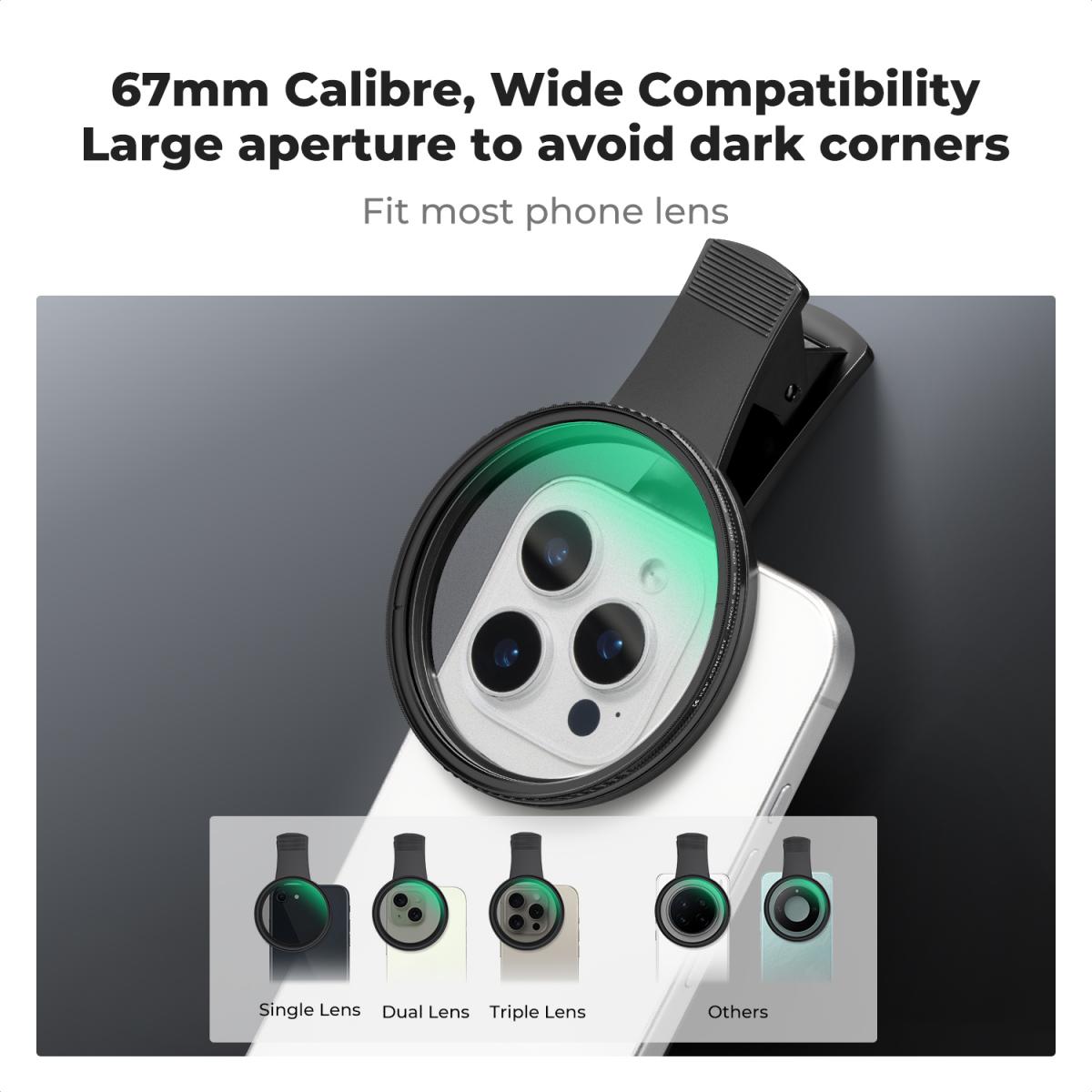 K&F Concept 67mm Clip-on CPL Filter For Phones - Polarizing Filter With Universal Phone Clip
