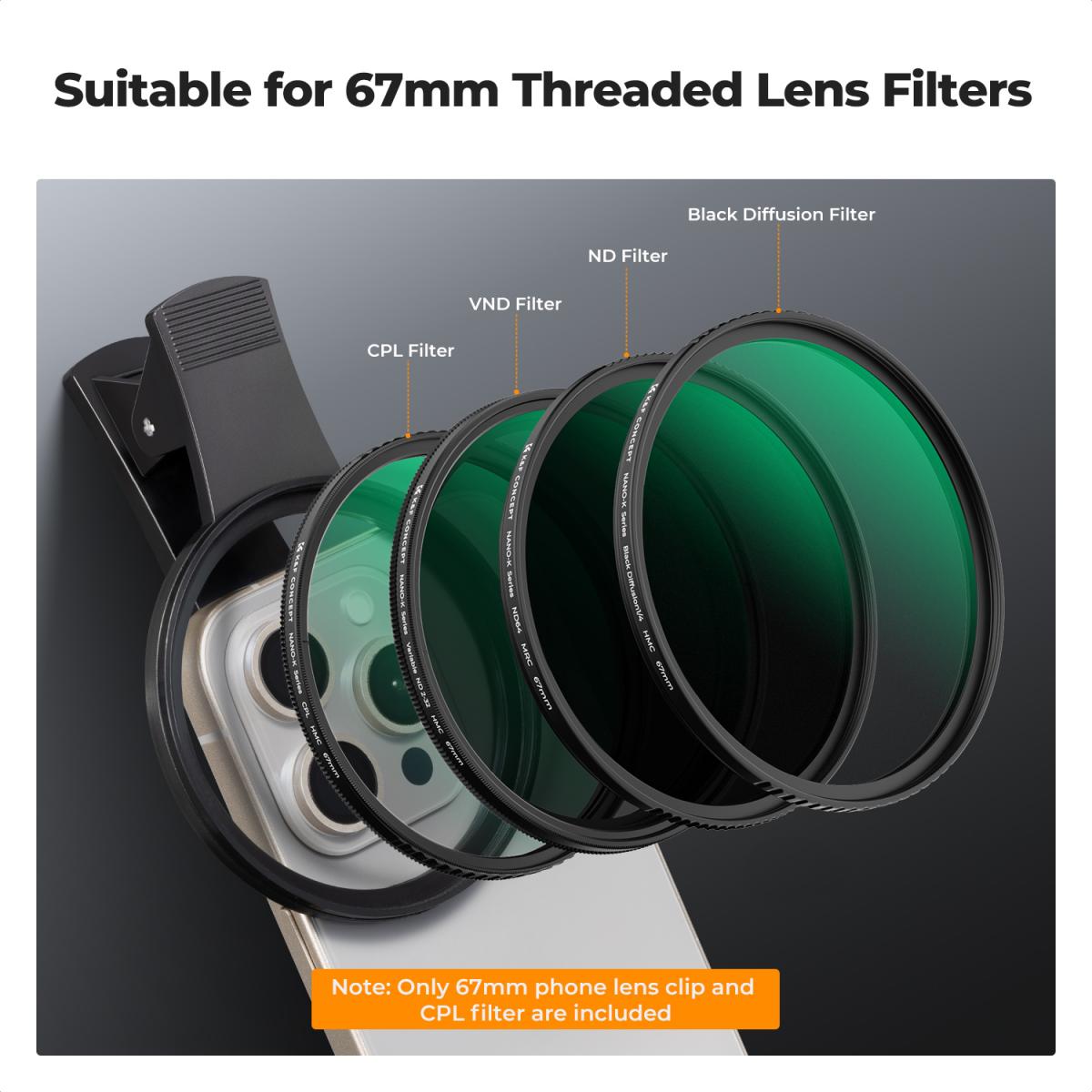 67mm Clip-on CPL Phone Camera Lens Filter Kit Applicable to All Mobile ...