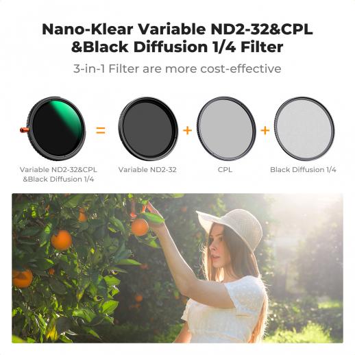 K&F Concept 37mm Filtro 3 In 1 – CPL, Black Mist 1/4 E ND Variabile ND2-32 Con 18 Strati Antiriflesso