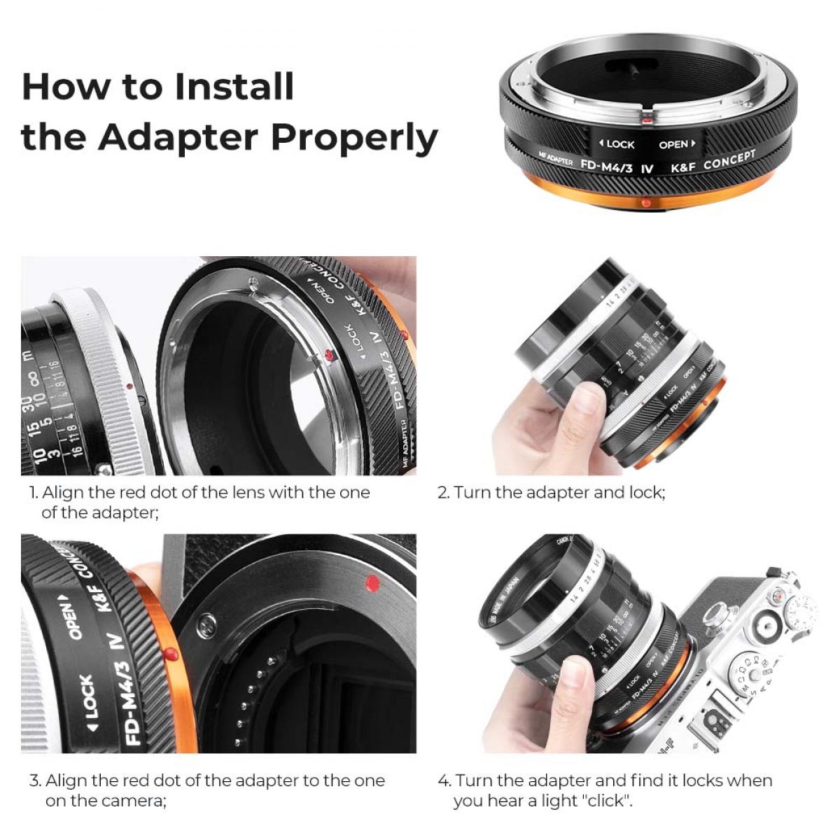 Anillo adaptador K&F Concept Canon FD/FL Lens Mount to M4/3 Camera Body, laca mate, FD-M4/3 IV PRO
