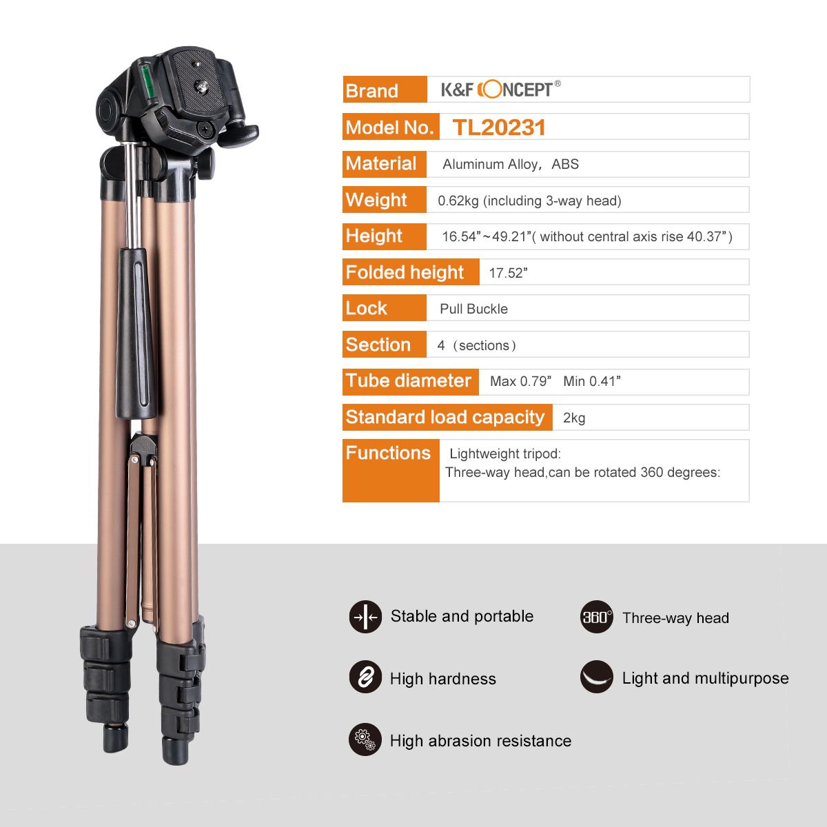 K&F Concept TL2023 Portable Lightweight Travel Tripod Aluminum 49 Inch 4 Section Load Capacity 2KG
