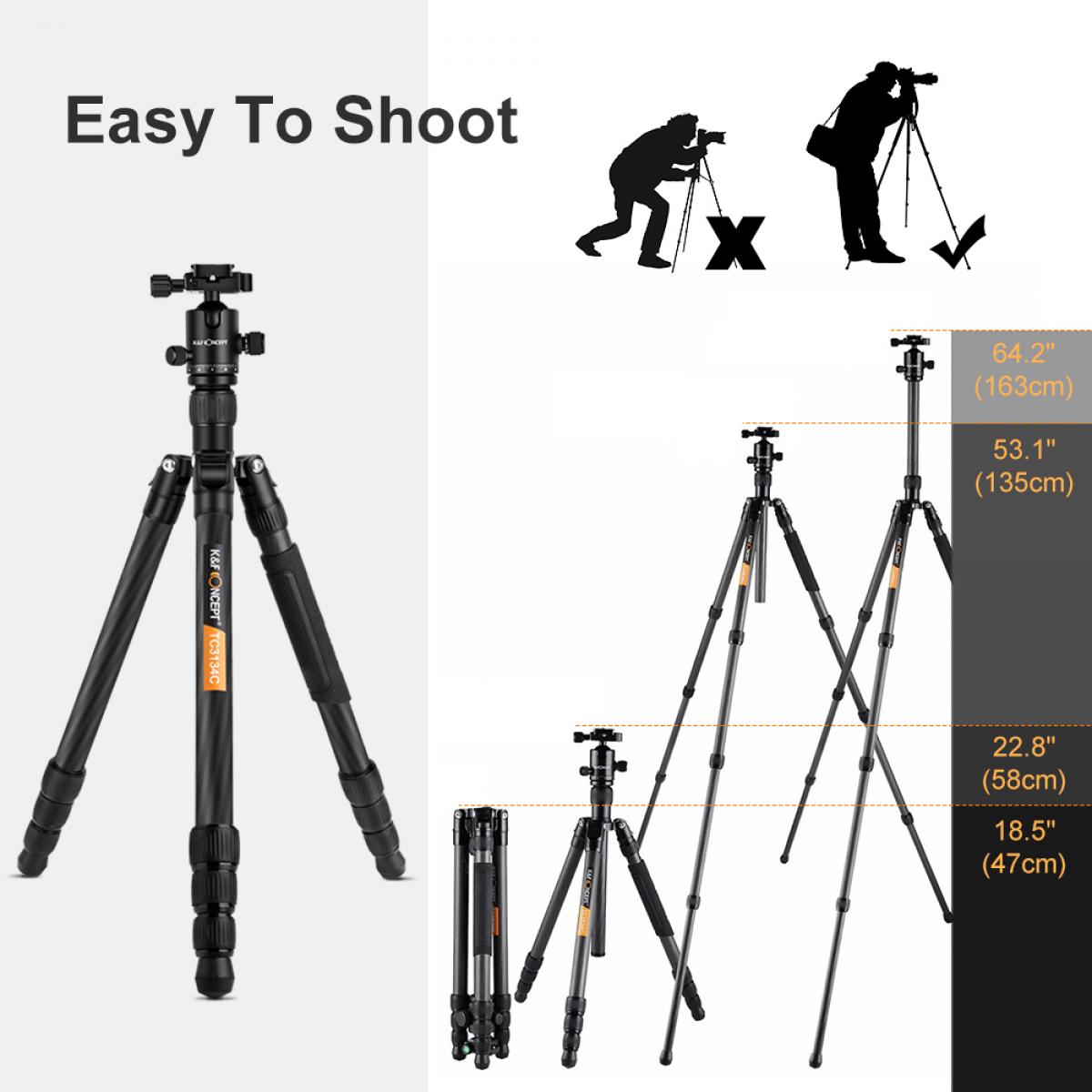 TC3134C Profissional Carbono Tripod Monopod Kit para DSLR Camera Ball Cabeça 4 Seções