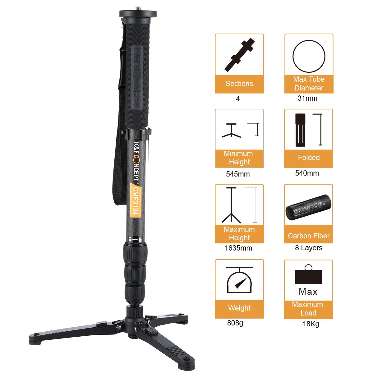 Carbon Fiber Monopod for DSLR Camera Aluminum 4 Sections KENTFAITH