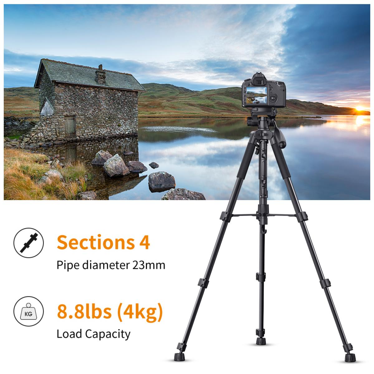 Portable Tripod Stand 1.5m with 3Way Pan Tilt Head Black KENTFAITH