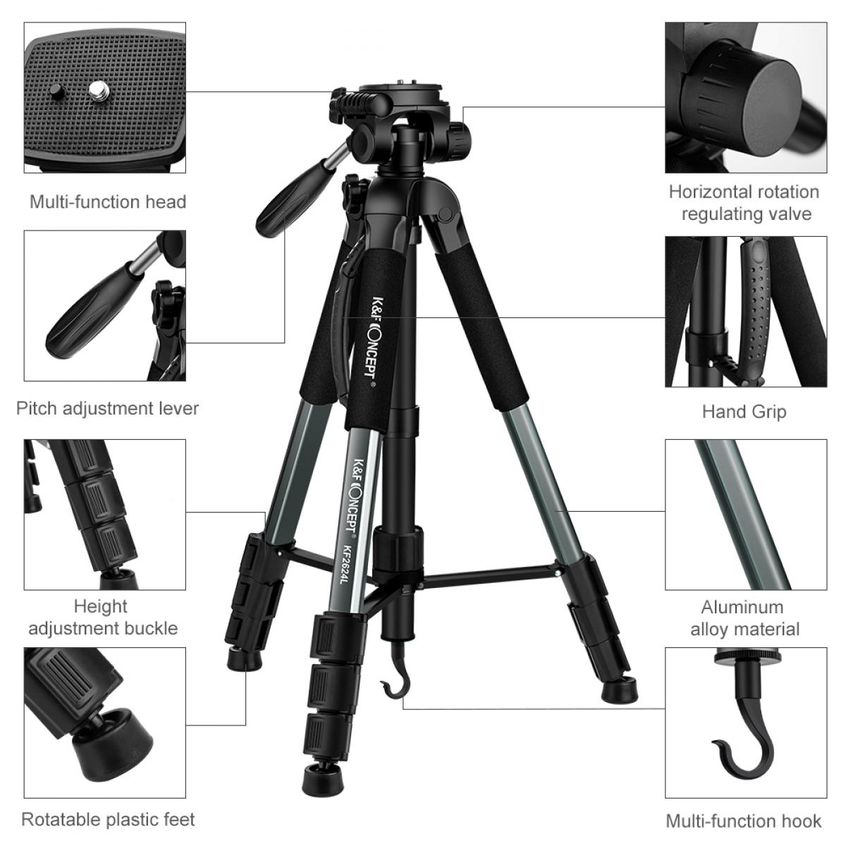 K&F Concept TM2624L 70inch Tripod with 3Way Pan Tilt Head Gray KENTFAITH