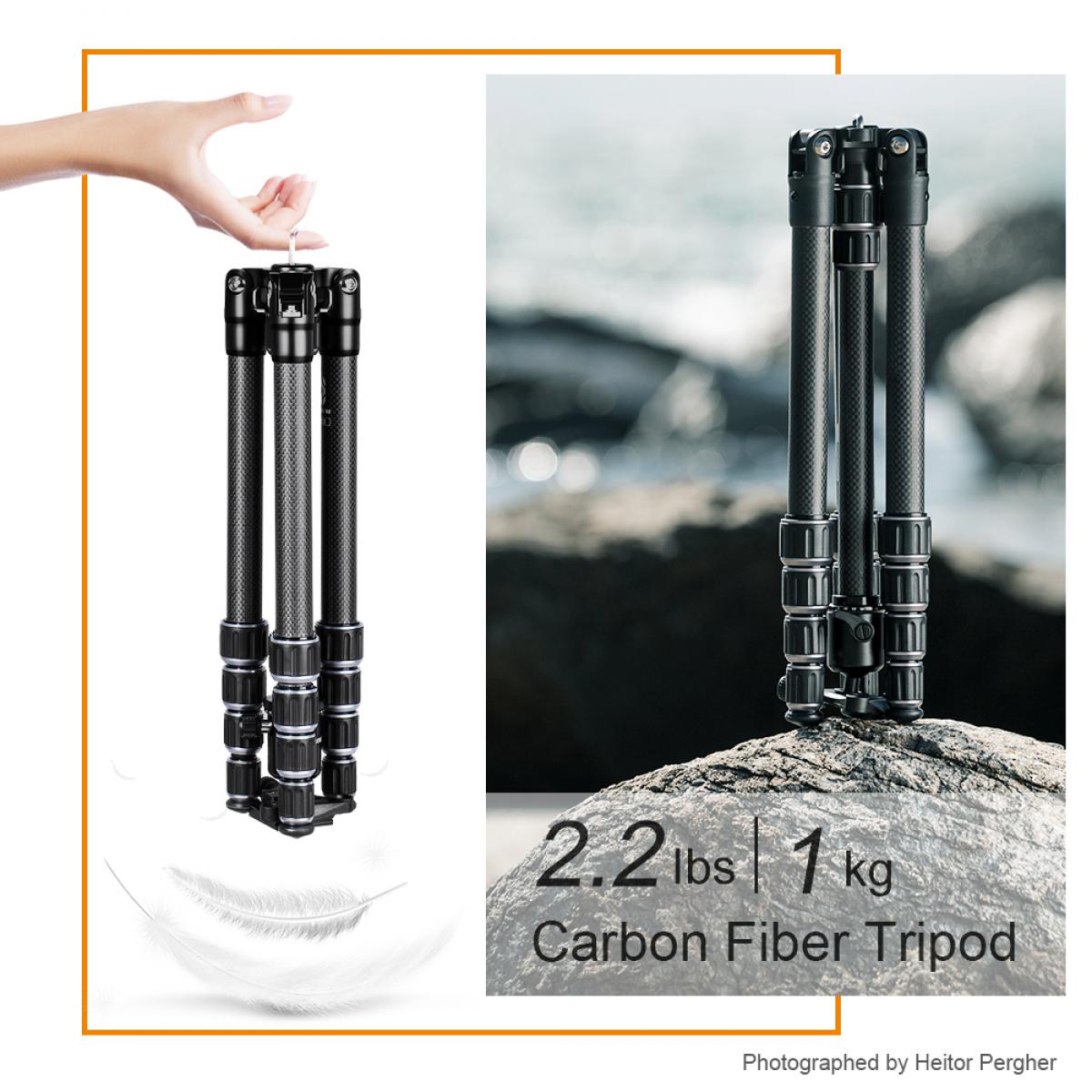 B210 Travel Tripod Light Carbon Fiber with 2 sections Central Column / Metal Accessories / Case / 360 ° Ball Head / for Vlogging Travel for Canon Nikon Sony Olympus Camera